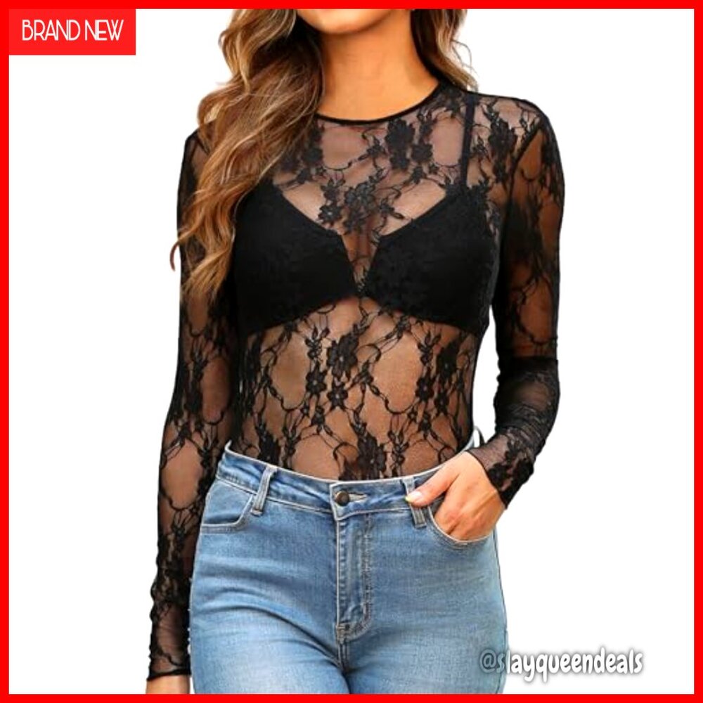 Mesh Long Sleeve Blouse Lace Embroidery Slim Fit See Through Top - Picture 2 of 6